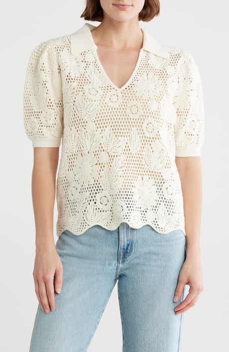 CHELSEA AND THEODORE Floral Open Stitch Puff Sleeve Top