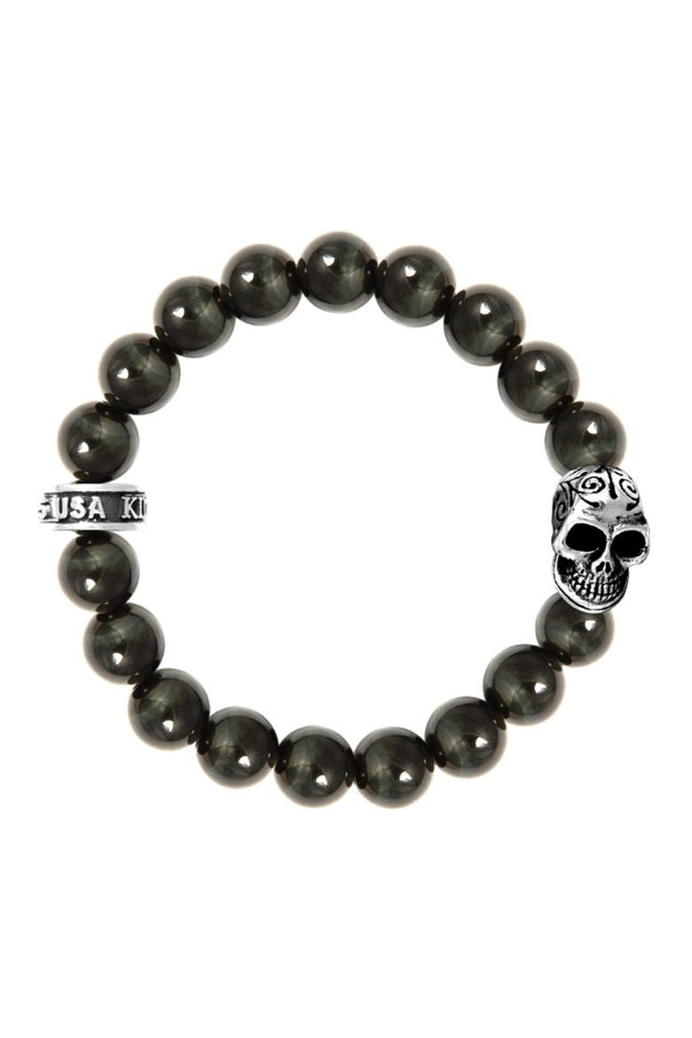 10mm Blue Tiger Eye Bracelet with Day of the Dead Skull, Main, color, SILVER