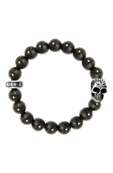 10mm Blue Tiger Eye Bracelet with Day of the Dead Skull
