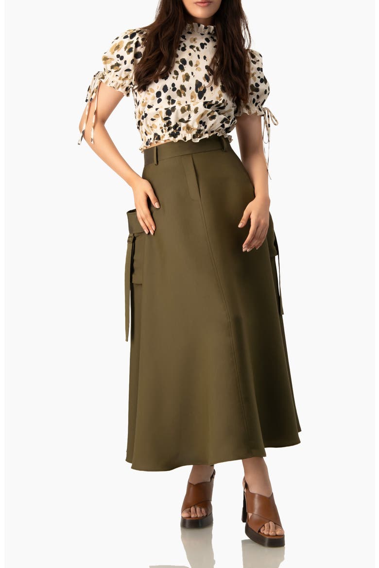 Cargo A-Line, High-Waist Pocket Midi Skirt in Structured Twill, Alternate, color, Olive Green