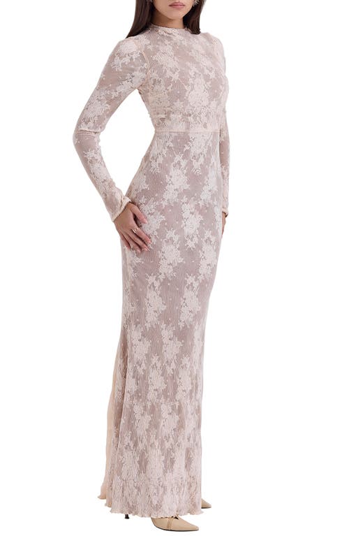 House Of Cb Isoline Lace Long Sleeve Gown In Tender Peach