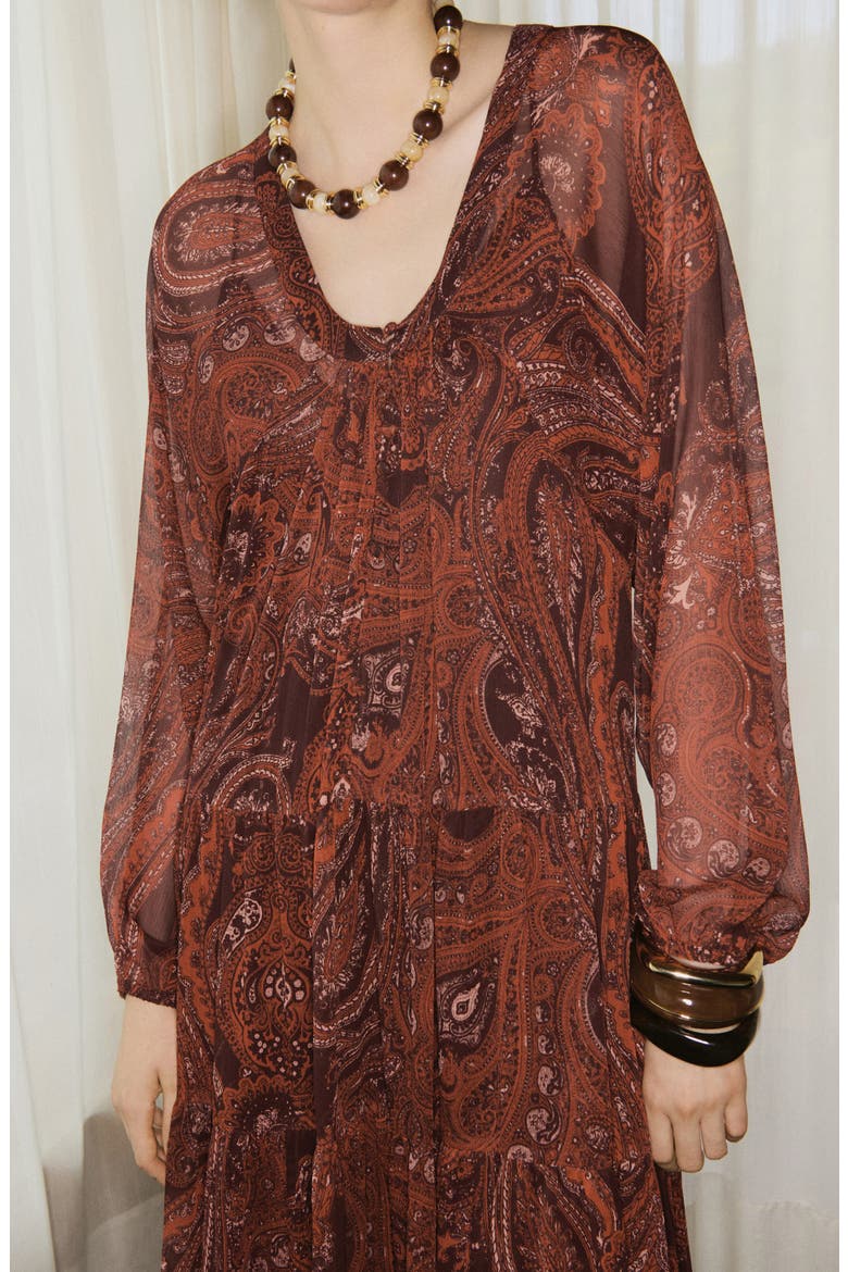 Paisley Print Long Sleeve Maxi Dress, Alternate, color, RUSSET