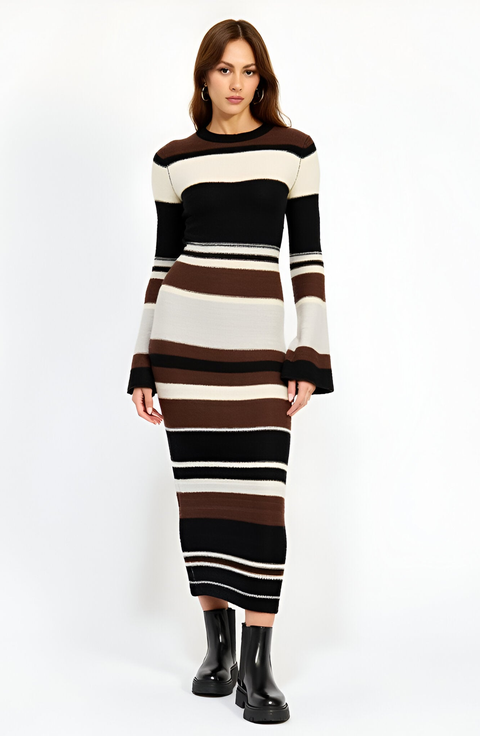 Striped Long Sleeve Knit Midi Dress with Flared Cuff Detail