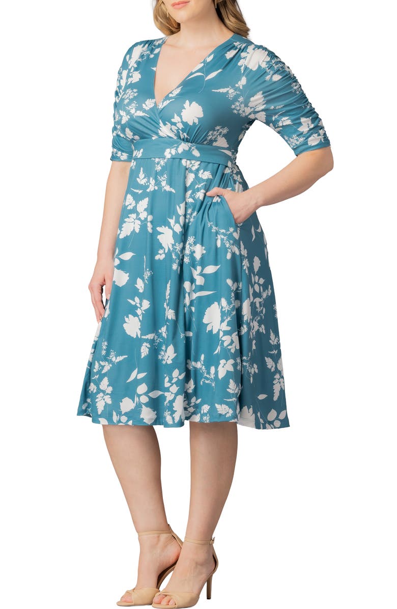 Kiyonna Gabriella Print Jersey A-Line Dress, Alternate, color, Aqua Blooms