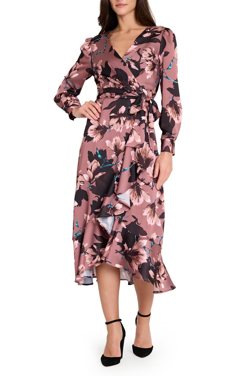 Tahari ASL Floral Long Sleeve Satin Faux Wrap Dress, Main, color, Mauve Floral