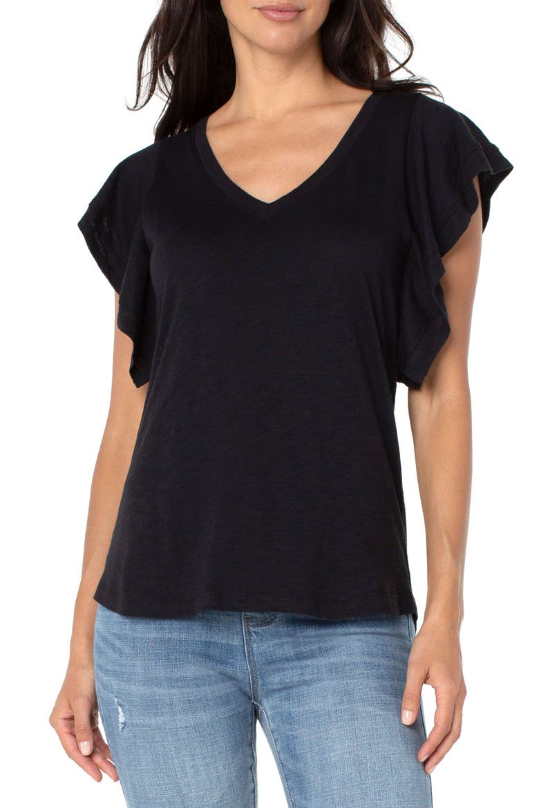 Flutter Sleeve Cotton Blend T-Shirt, Main, color, BLACK