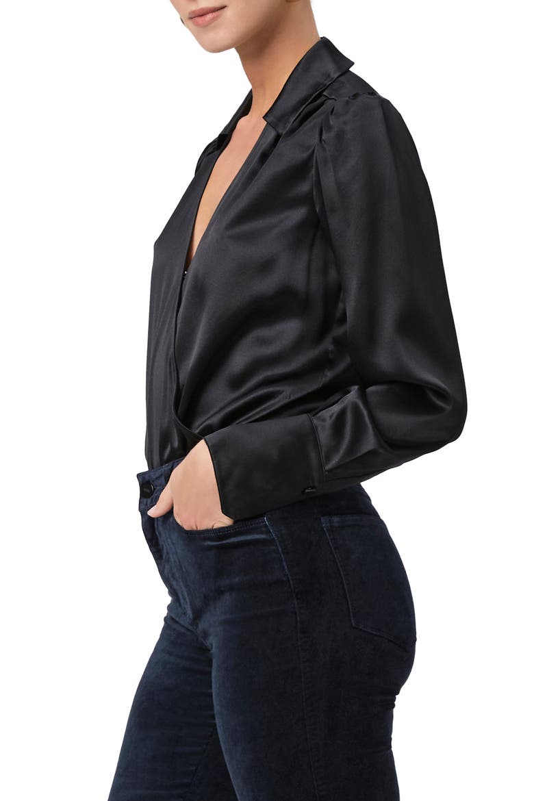 Nyla Long Sleeve Silk Satin Bodysuit, Alternate, color, BLACK