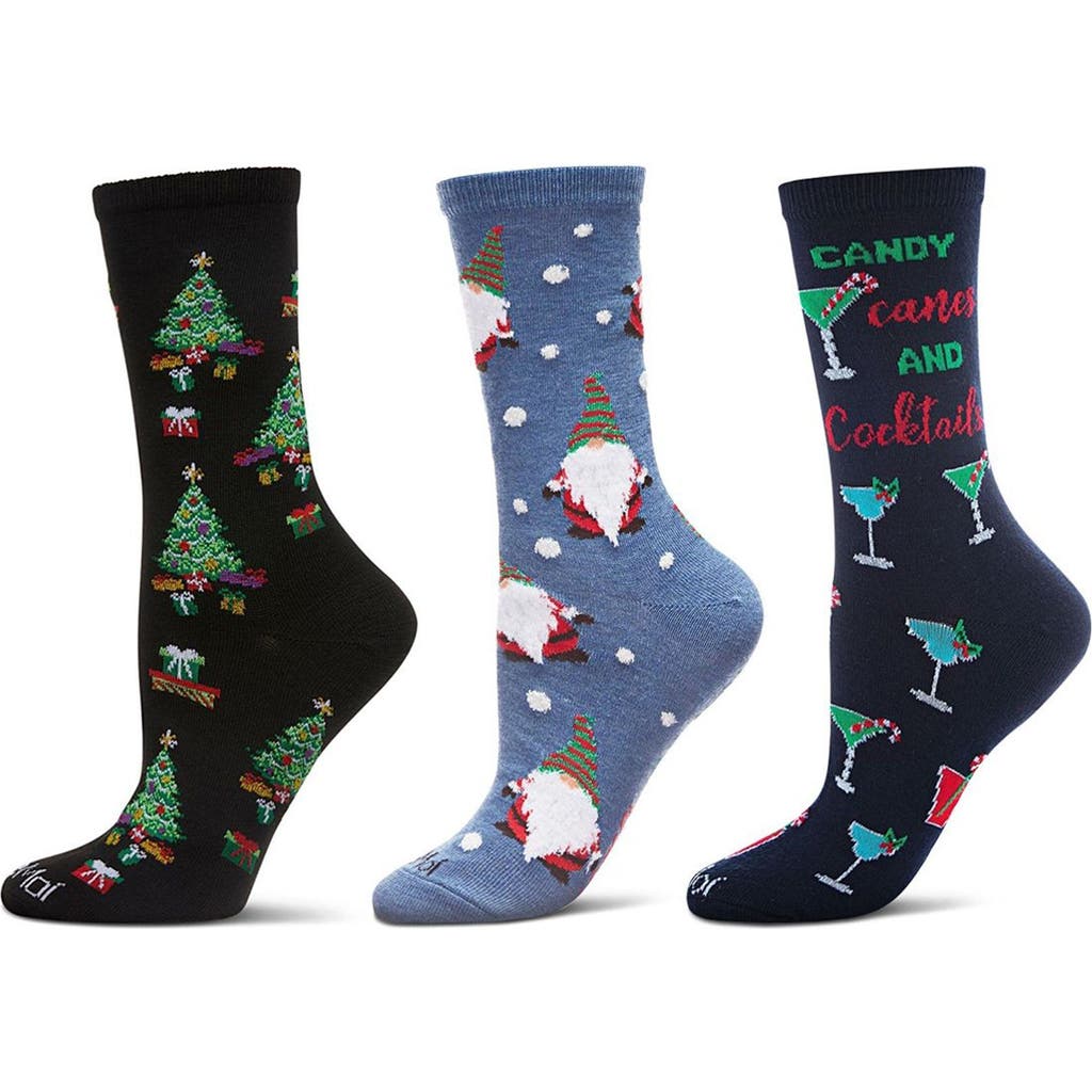MeMoi Christmas Assorted 3-Pack Crew Socks in Blue Multi