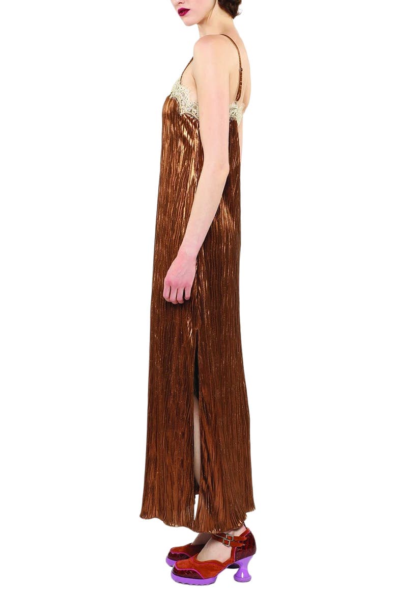 Anna Sui Fortuny Pleats Lace Slip Maxi Dress, Alternate, color, Bronze