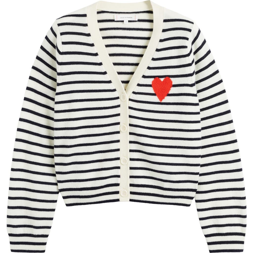 Chinti & Parker Wool Cashmere Heart Breton Cardigan In White