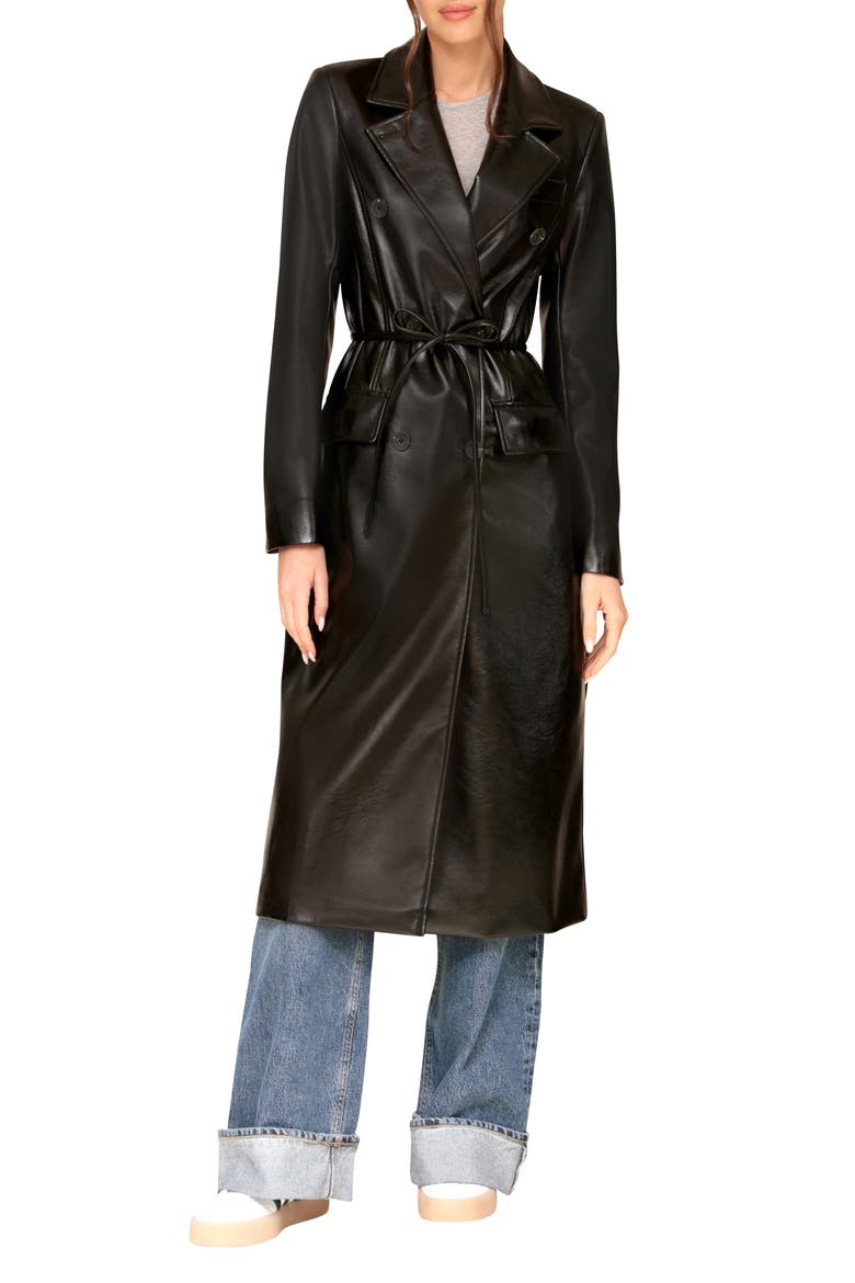 Faux Leather Belted Trench Coat, Main, color, BLACK