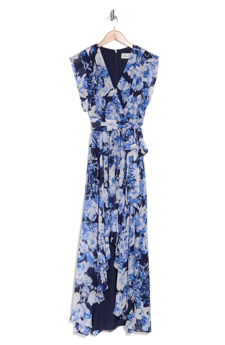 Eliza J Obi Floral Cap Sleeve High-Low Dress, Alternate, color, Navy Ivory