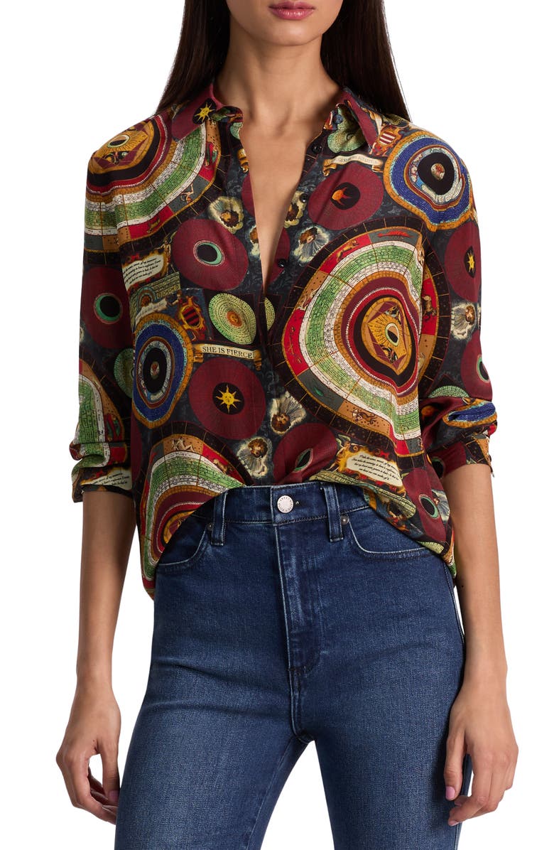 Alice + Olivia Willa Silk Button-Up Shirt, Main, color, Hands Of Time