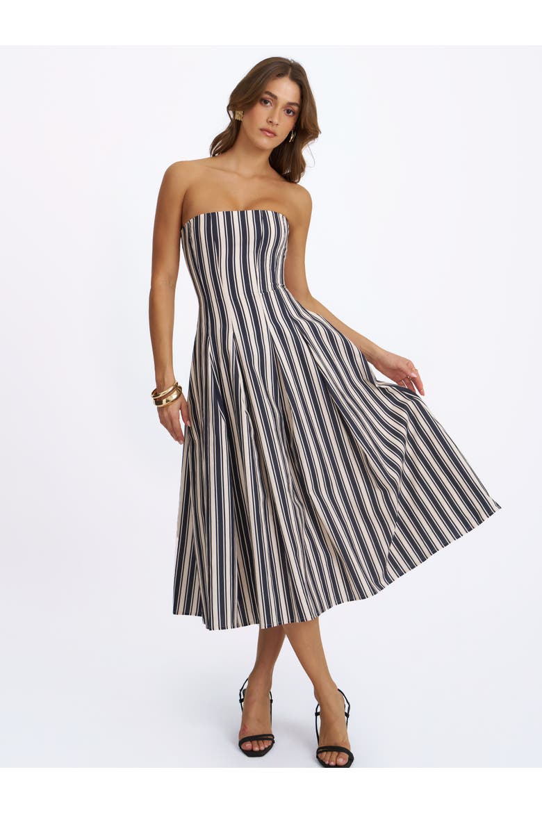 Wyanne Linen Striped Strapless Midi Dress, Alternate, color, Black & White