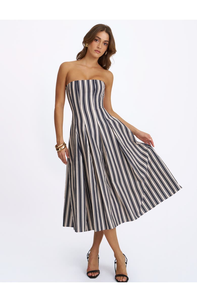 Miss Circle Wyanne Linen Striped Strapless Midi Dress, Alternate, color, Black & White