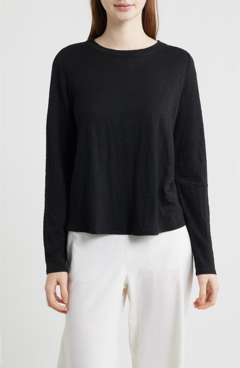 Eileen Fisher Long Sleeve Organic Linen T-Shirt, Main, color, Black