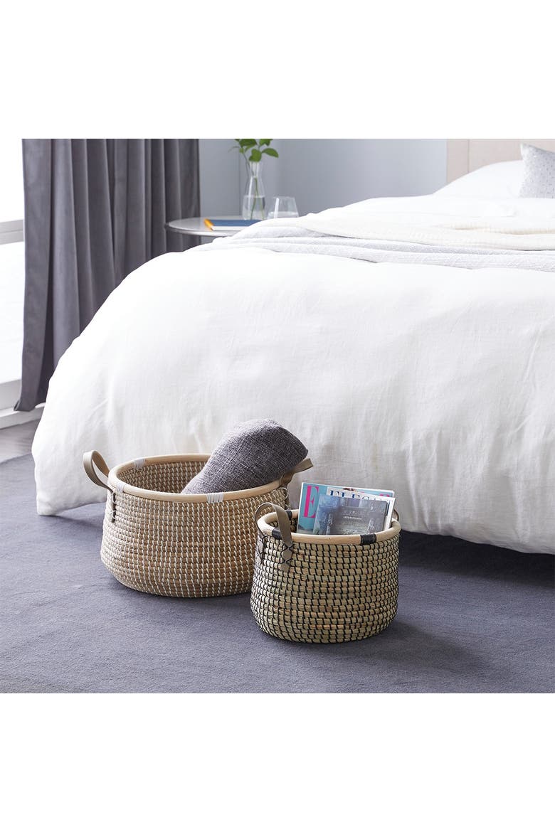 Brown Banana Leaf Contemporary Storage Basket with Handles - Set of 2, Alternate, color, BROWN