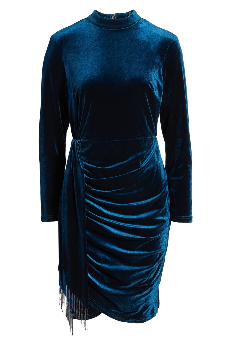 Beaded Drape Long Sleeve Stretch Velvet Dress, Alternate, color, RIVER BLUE