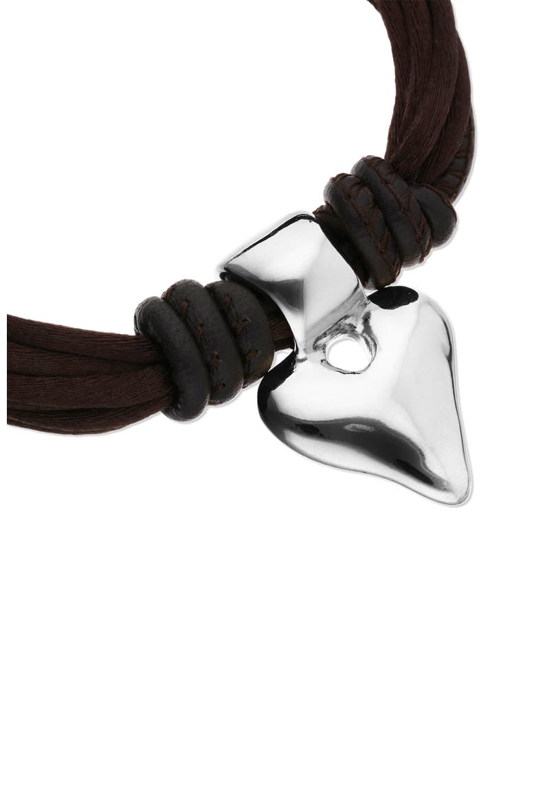 Silk-Effect Thread Blend Bracelet with Brown Leather and Heart Detail, Alternate, color, Silver