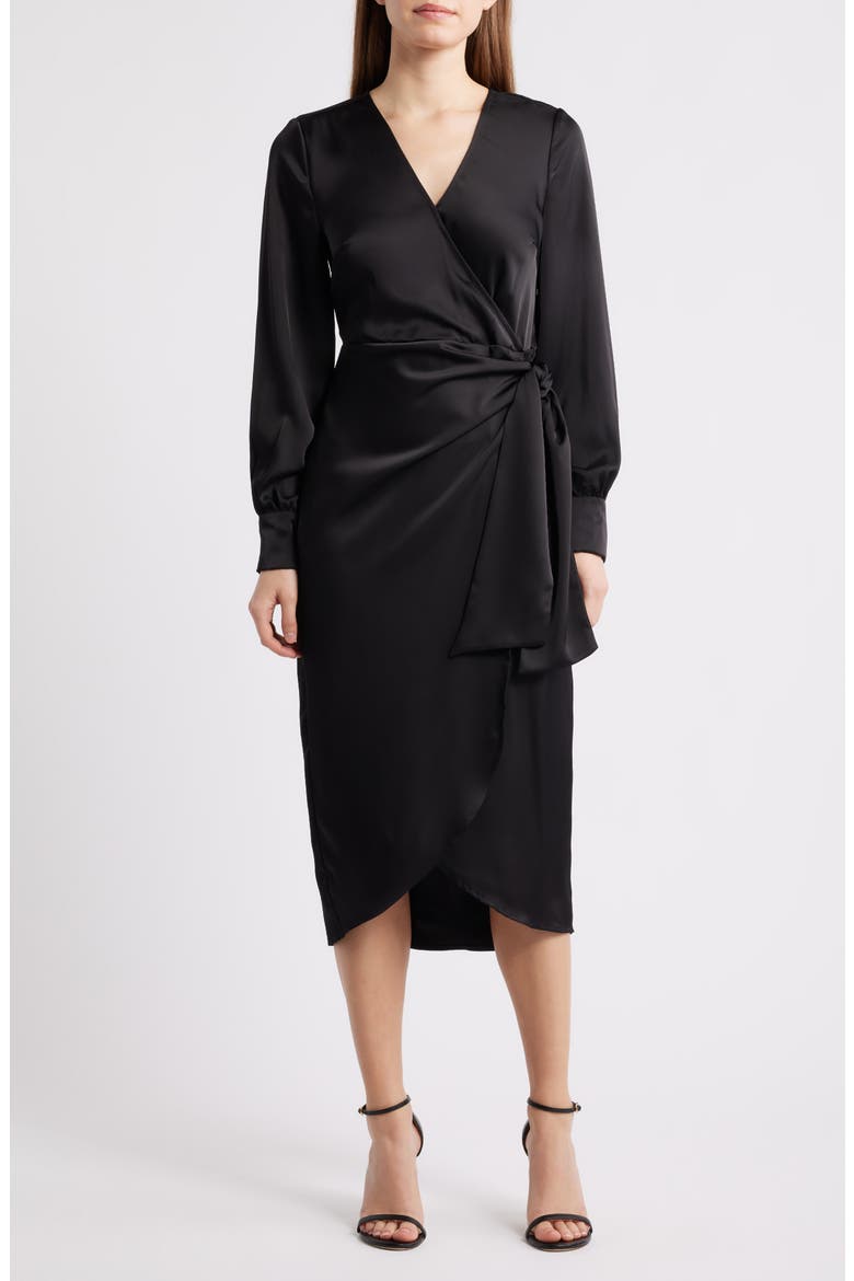 Long Sleeve Faux Wrap Satin Dress, Main, color, BLACK