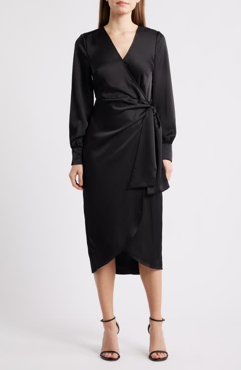 Long Sleeve Faux Wrap Satin Dress