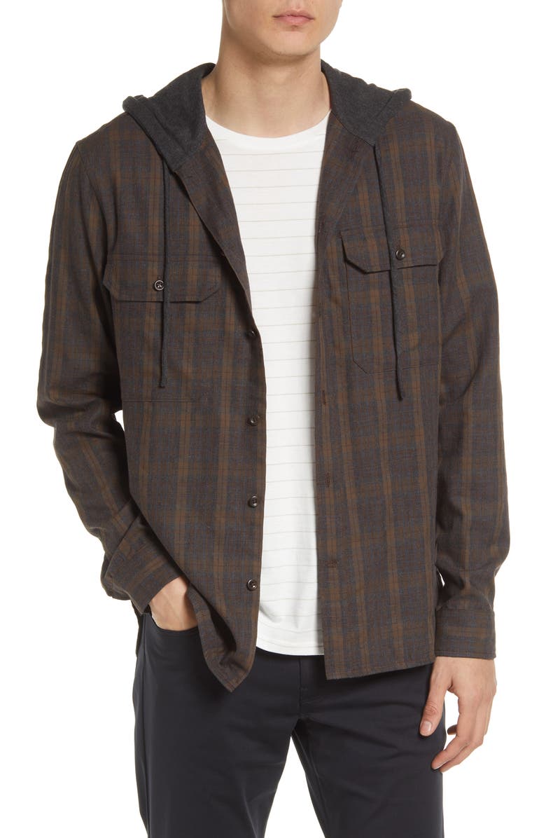 Vince Bixby Plaid Cotton Blend Hooded Button-Up Shirt, Main, color,