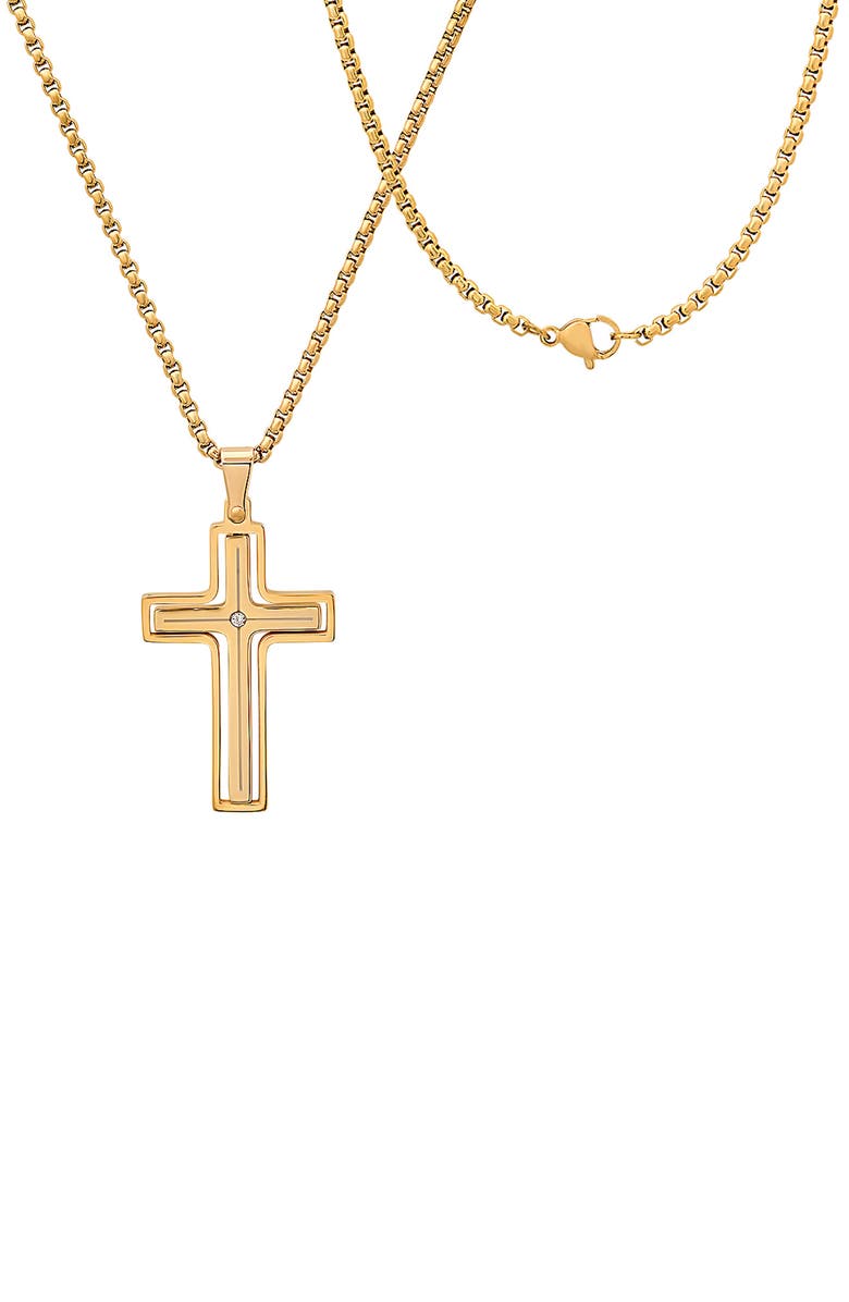 HMY JEWELRY Men's Stainless Steel Crystal Cross Pendant Necklace, Alternate, color, Gold
