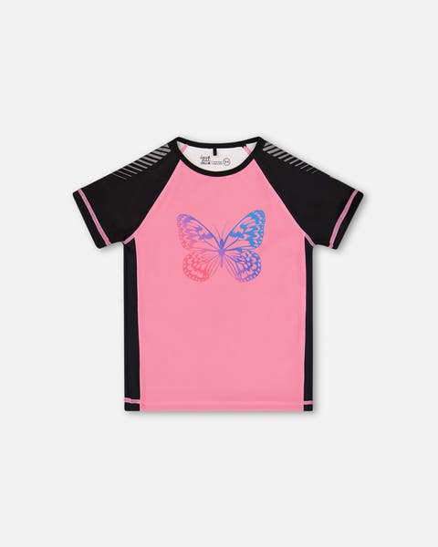 Girl's Printed Short Sleeve Athletic Top Pink With Butterflies