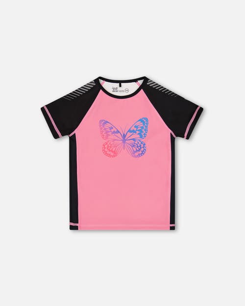 Deux Par Deux Little Girl's Printed Short Sleeve Athletic Top Pink With Butterflies In Pink And Butterflies Printed