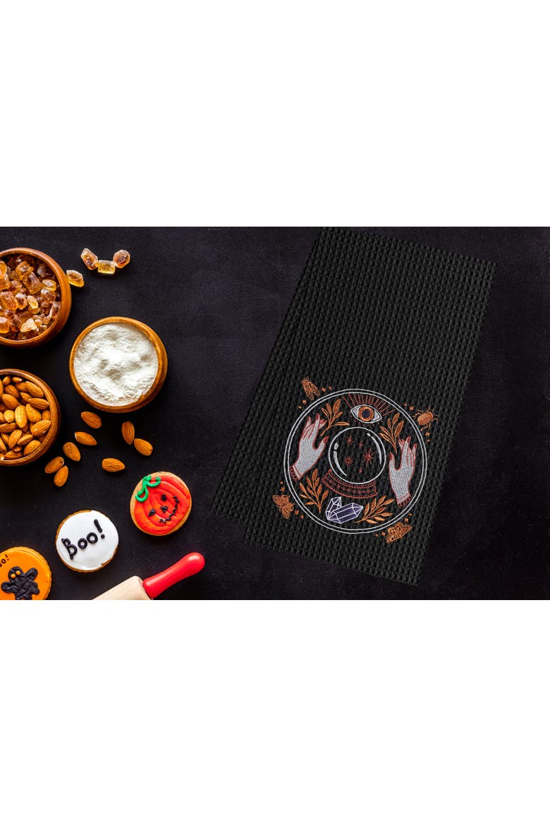 Magic Crystal Ball Halloween Embroidered Cotton Waffle Weave Kitchen Towel, Alternate, color, Black