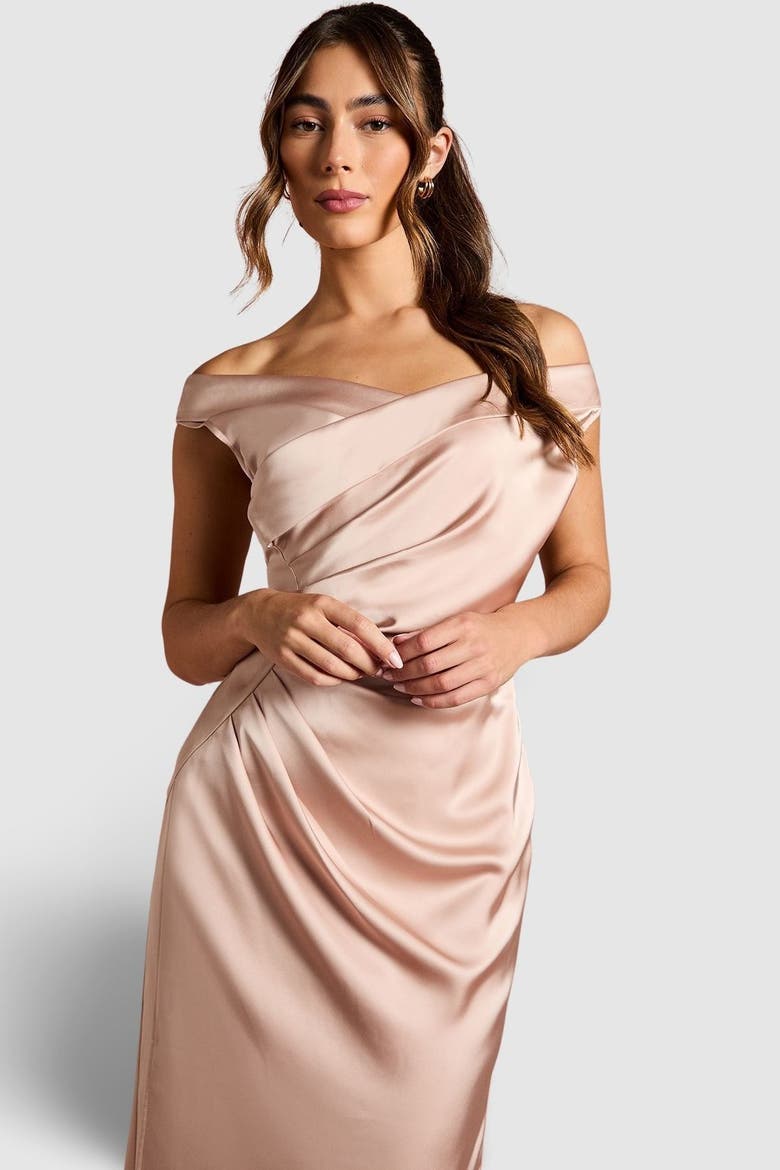 Satin Bardot Maxi Dress, Alternate, color, Mocha