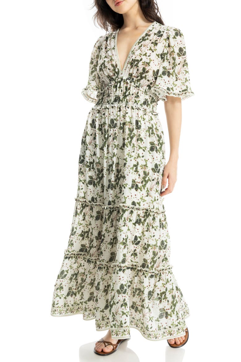 Ruffle Sleeve Tiered Maxi Dress, Alternate, color, CREAM/ RED WILD BERRIES