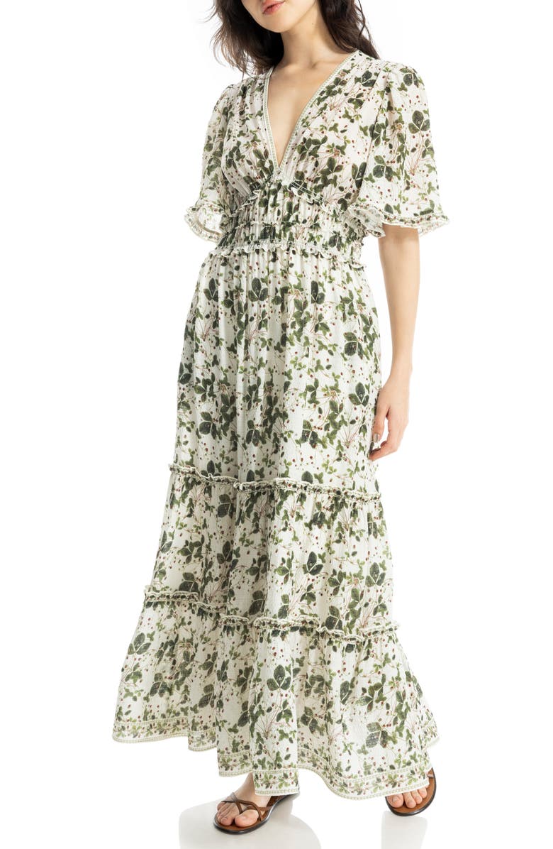 MAX STUDIO Ruffle Sleeve Tiered Maxi Dress, Alternate, color, Cream/ Red Wild Berries