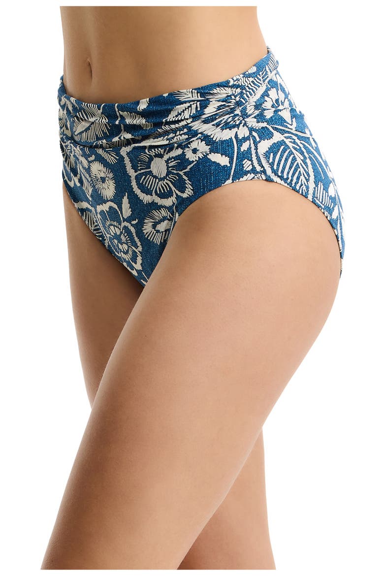 Garden Mist Shirred High Waist Swim Bottom, Alternate, color, Denim
