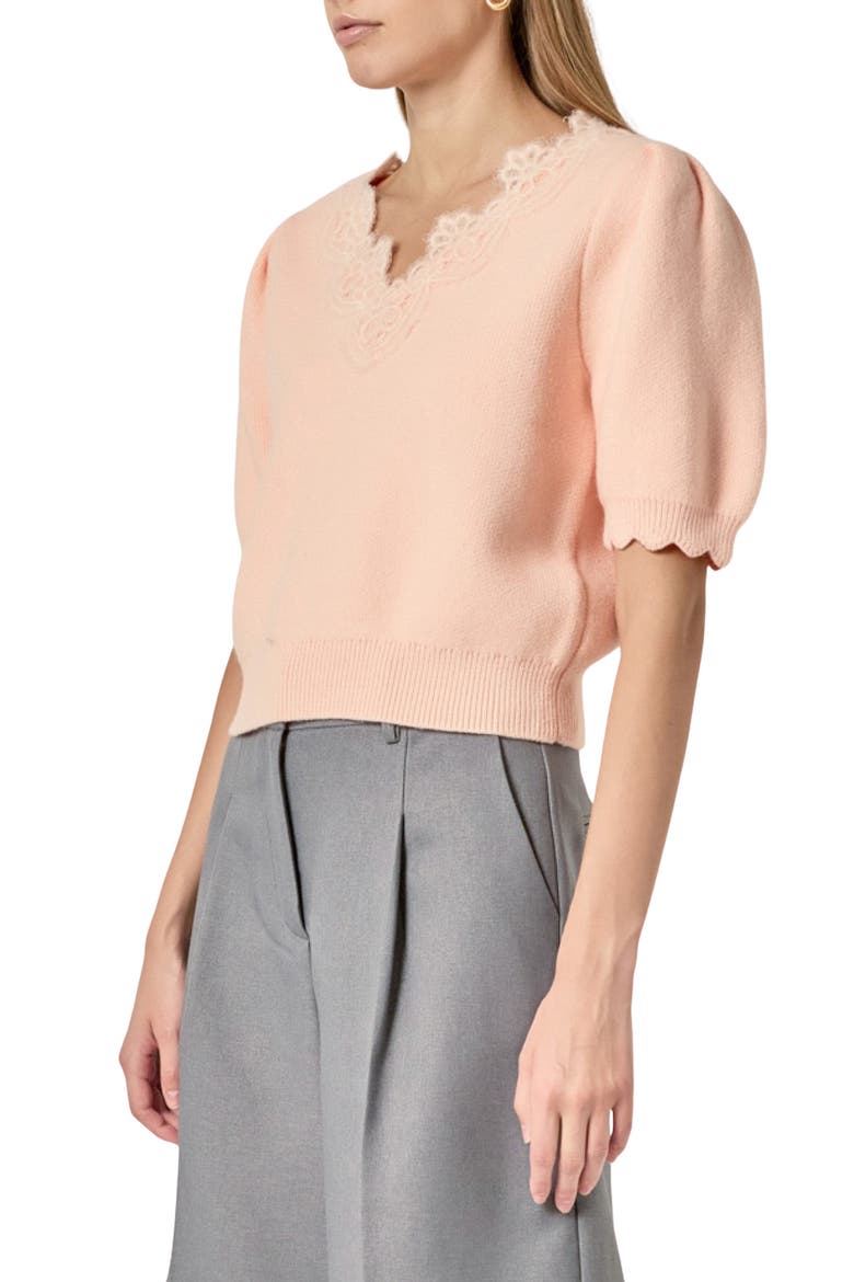 Lace Trim Short Sleeve Sweater, Alternate, color, PALE PINK