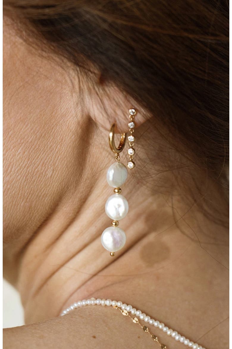 Laurel Pearl Drop Hoop Earrings, Alternate, color, Gold Plated