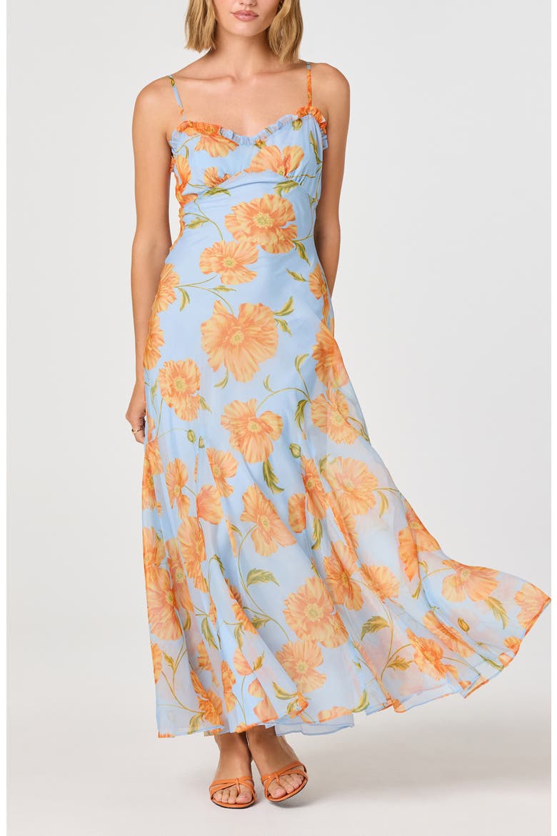 Maeryn Floral Chiffon Maxi Dress, Alternate, color, BLUE ORANGE FLORAL