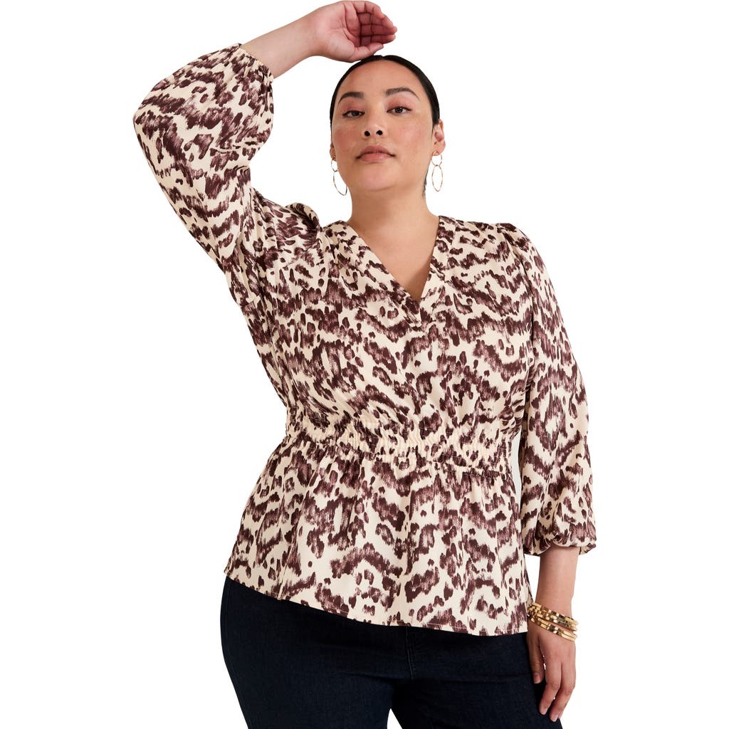 June + Vie Puff-sleeve Peplum Blouse In Animal Print