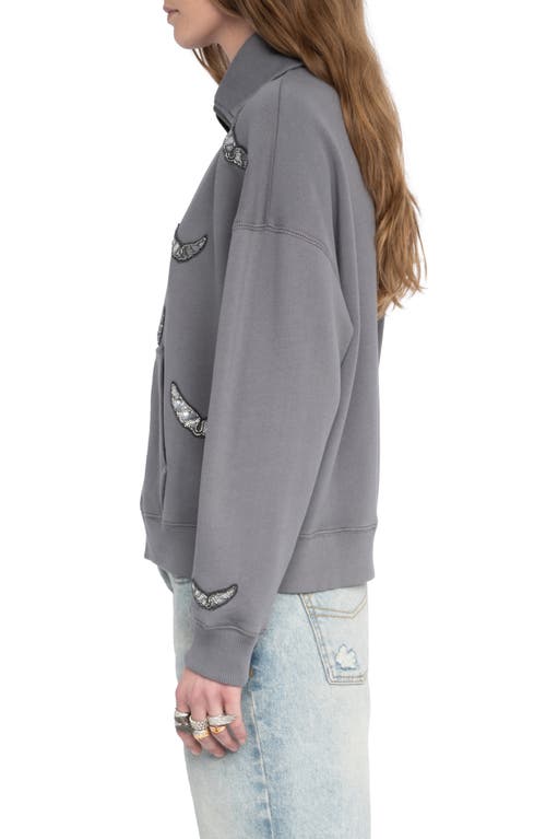 Zadig & Voltaire Milly Sequin Wings Zip-up Cotton Fleece Jacket In Gray