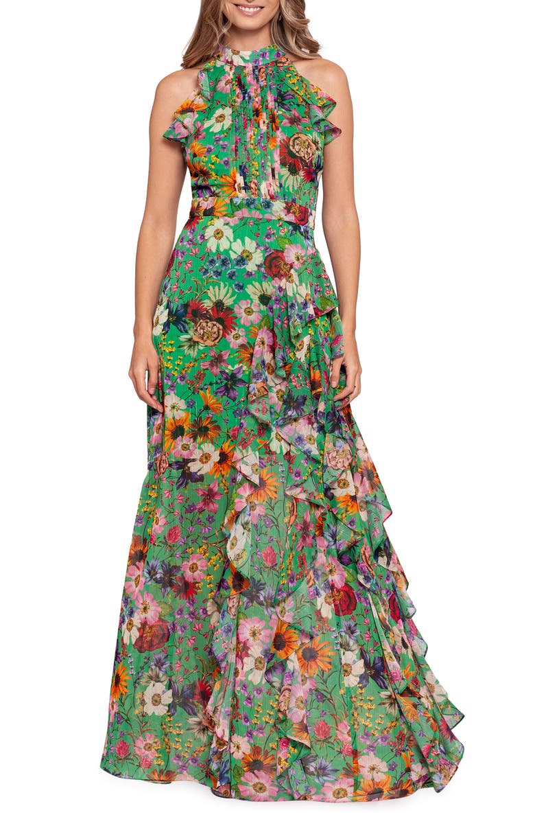 Betsy & Adam Floral Print Ruffle Chiffon Gown, Main, color, 