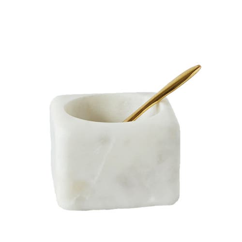 Storied Home Square Marble Bowl With Brass Spoon, White In White