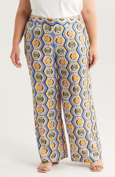Geo Print Satin Wide Leg Pants (Plus)