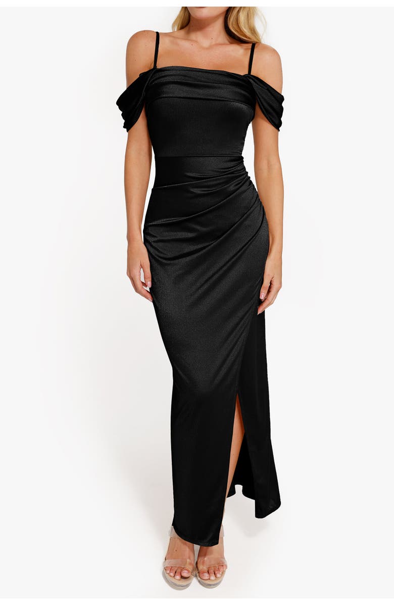 Popilush Liquid Metallic Fabric Off Shoulder Shine Ruched Sculpting Maxi Shapewear Dress, Alternate, color, Midnight Black