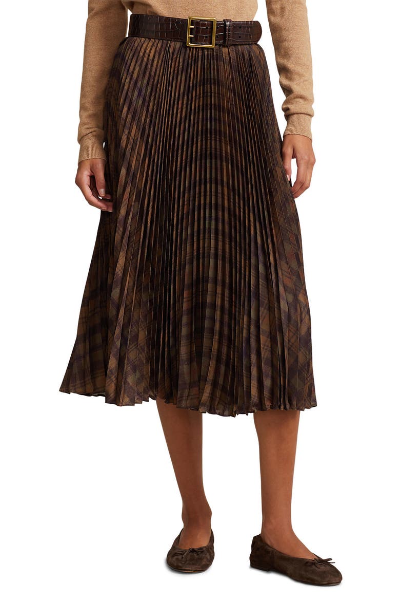 Pleated Crepe Recycled Polyester Midi Skirt, Main, color, 1486 YELLOW MULTI PLAID