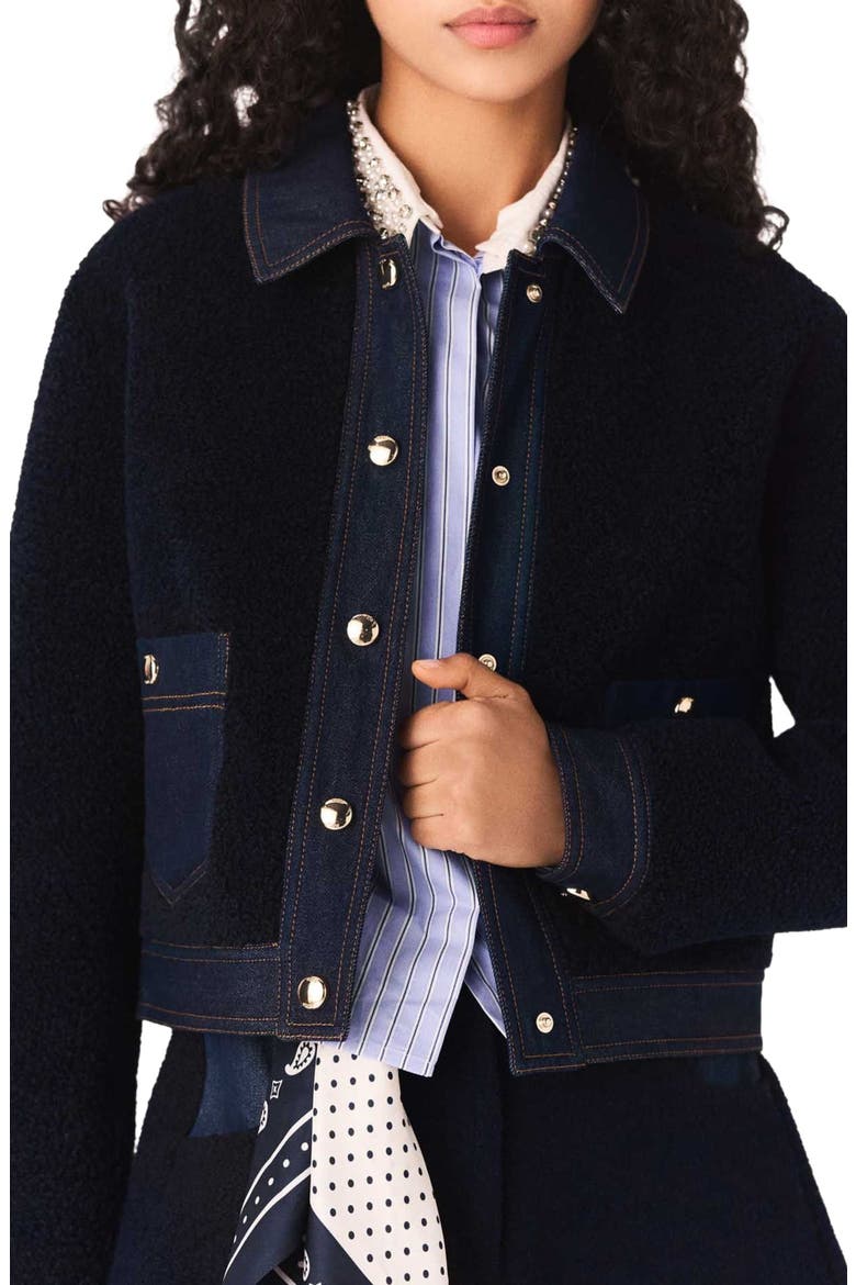 Bouclé and denim-detail jacket, Alternate, color, Navy