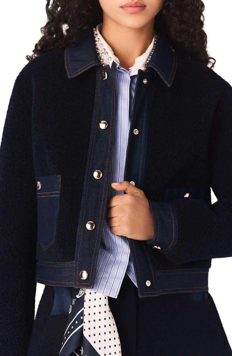 maje Bouclé and denim-detail jacket, Alternate, color, Navy