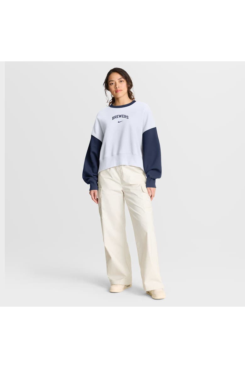 Women's Nike White/Navy Milwaukee Brewers Oversized High Hip Fleece Sweatshirt, Alternate, color, White