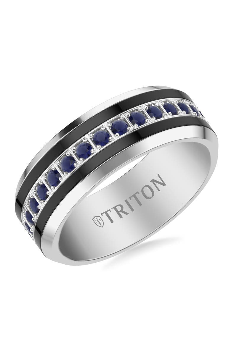 8MM Tungsten Carbide Sapphire Eternity Ring with Satin Bright Finish and Bevel Edge, Main, color, Blue