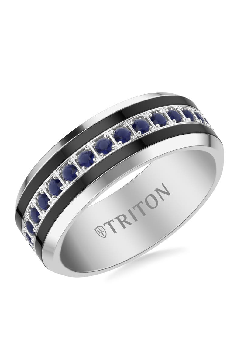 Triton 8MM Tungsten Carbide Sapphire Eternity Ring with Satin Bright Finish and Bevel Edge, Main, color, 