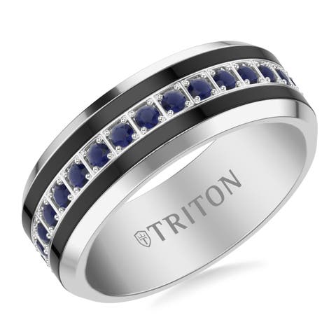 8MM Tungsten Carbide Sapphire Eternity Ring with Satin Bright Finish and Bevel Edge